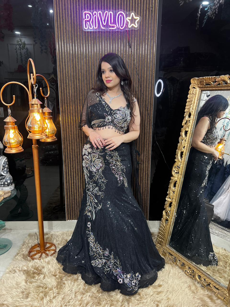 Black Embroidered Lehenga Set with Statement Blouse AC51