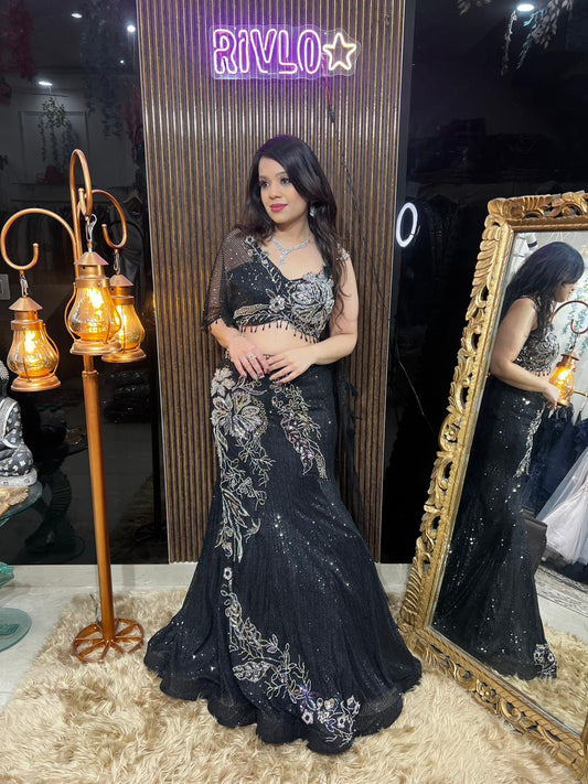 Black Embroidered Lehenga Set with Statement Blouse AC51
