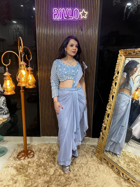 Powder Blue, Lavender,Beigde Pre-Draped Saree with Embellished Blouse RC482