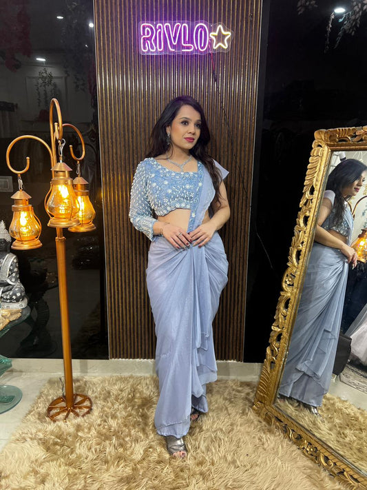 Powder Blue, Lavender,Beigde Pre-Draped Saree with Embellished Blouse RC482