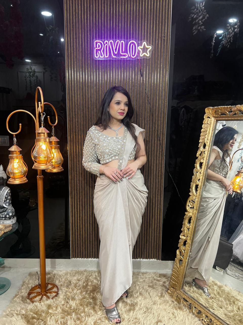 Powder Blue, Lavender,Beigde Pre-Draped Saree with Embellished Blouse RC482