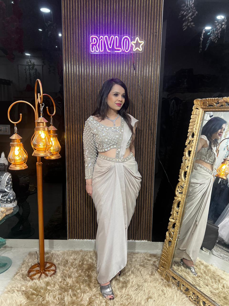 Powder Blue, Lavender,Beigde Pre-Draped Saree with Embellished Blouse RC482
