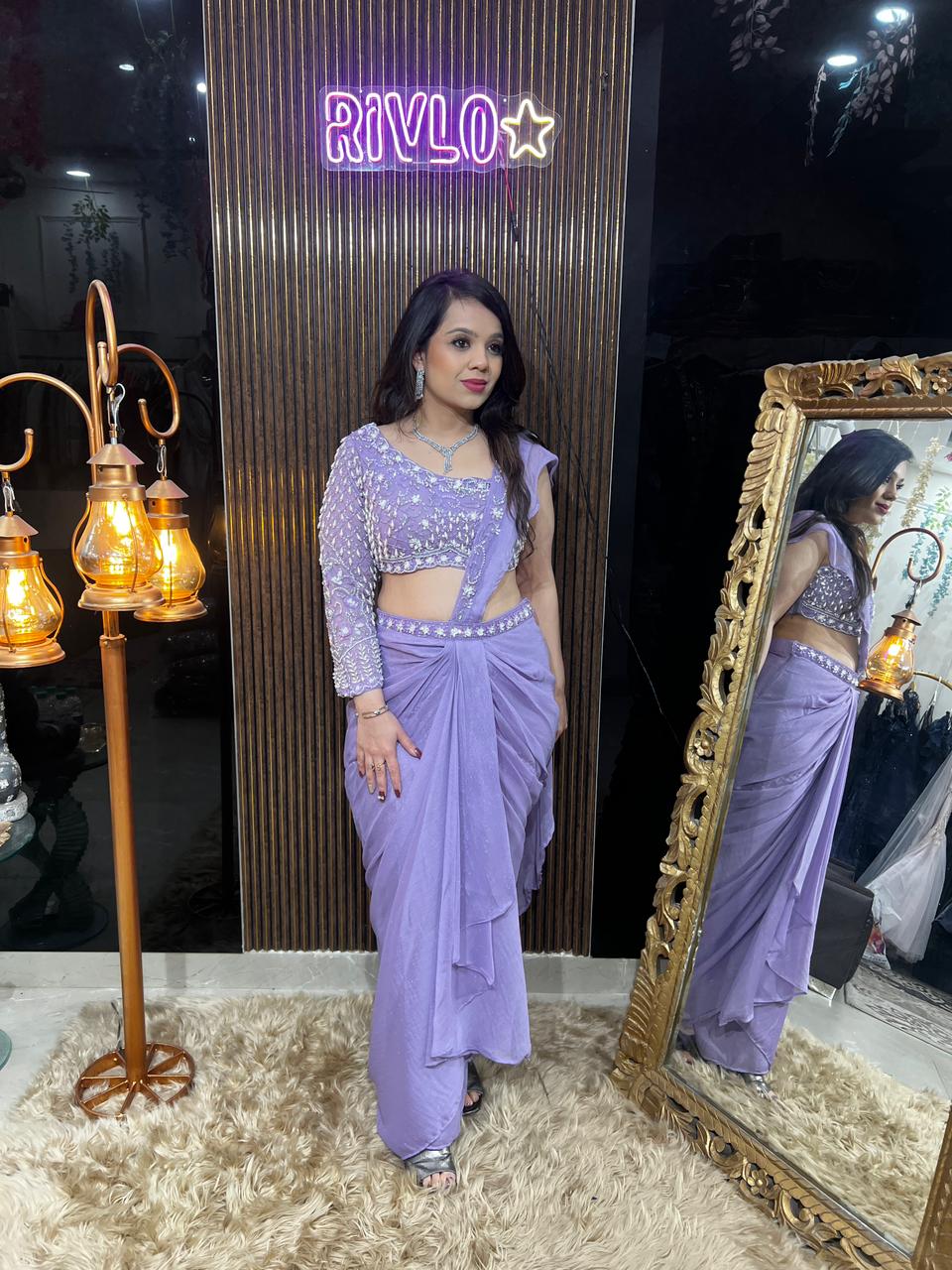 Powder Blue, Lavender,Beigde Pre-Draped Saree with Embellished Blouse RC482