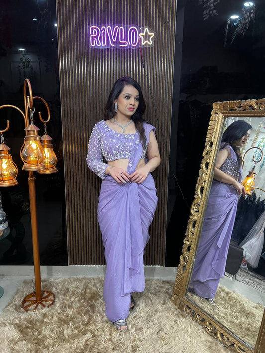 Powder Blue, Lavender,Beigde Pre-Draped Saree with Embellished Blouse RC482