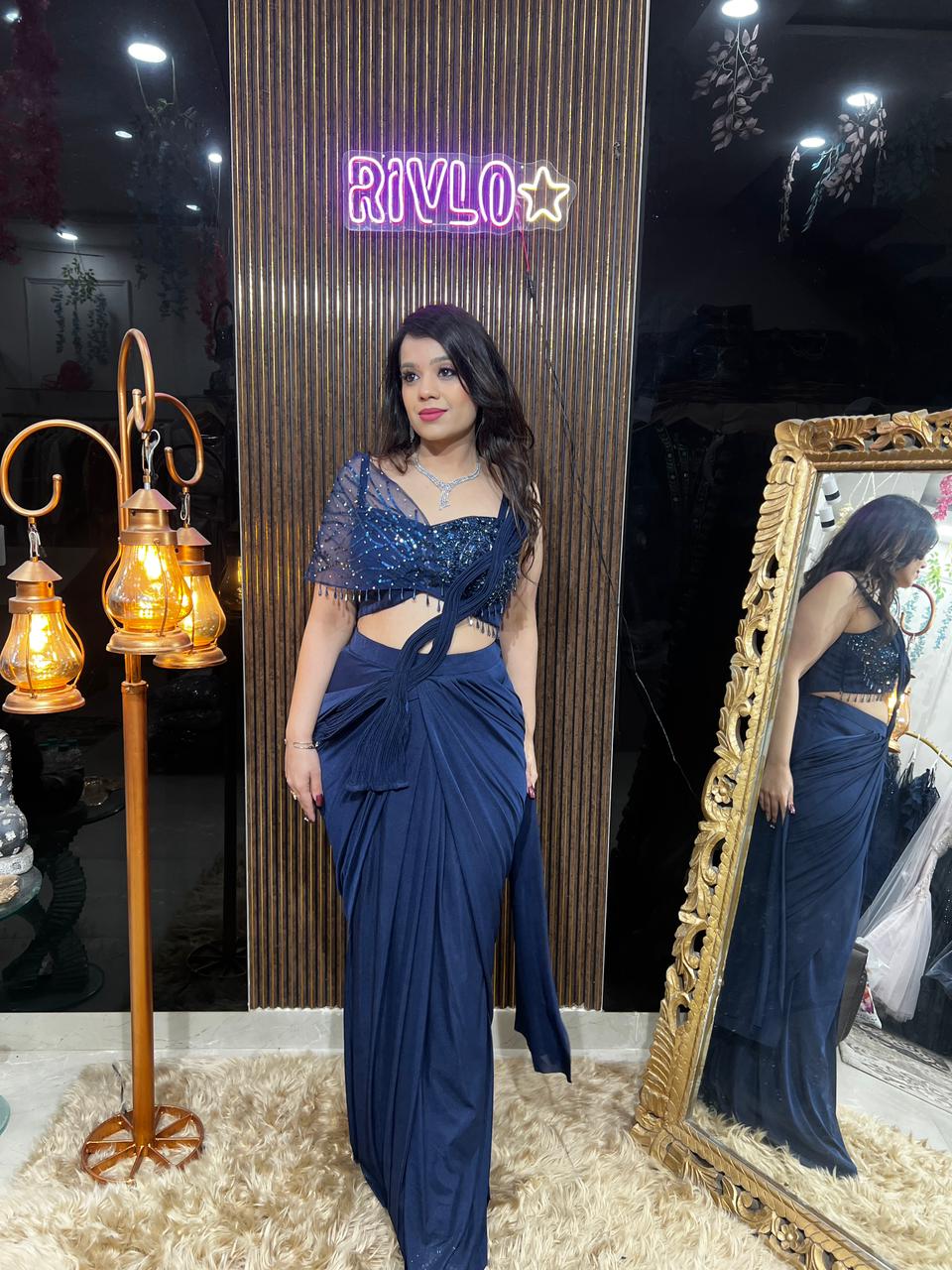 Navy Blue And Black Pre-Draped Saree with Embellished Cape Blouse AC54