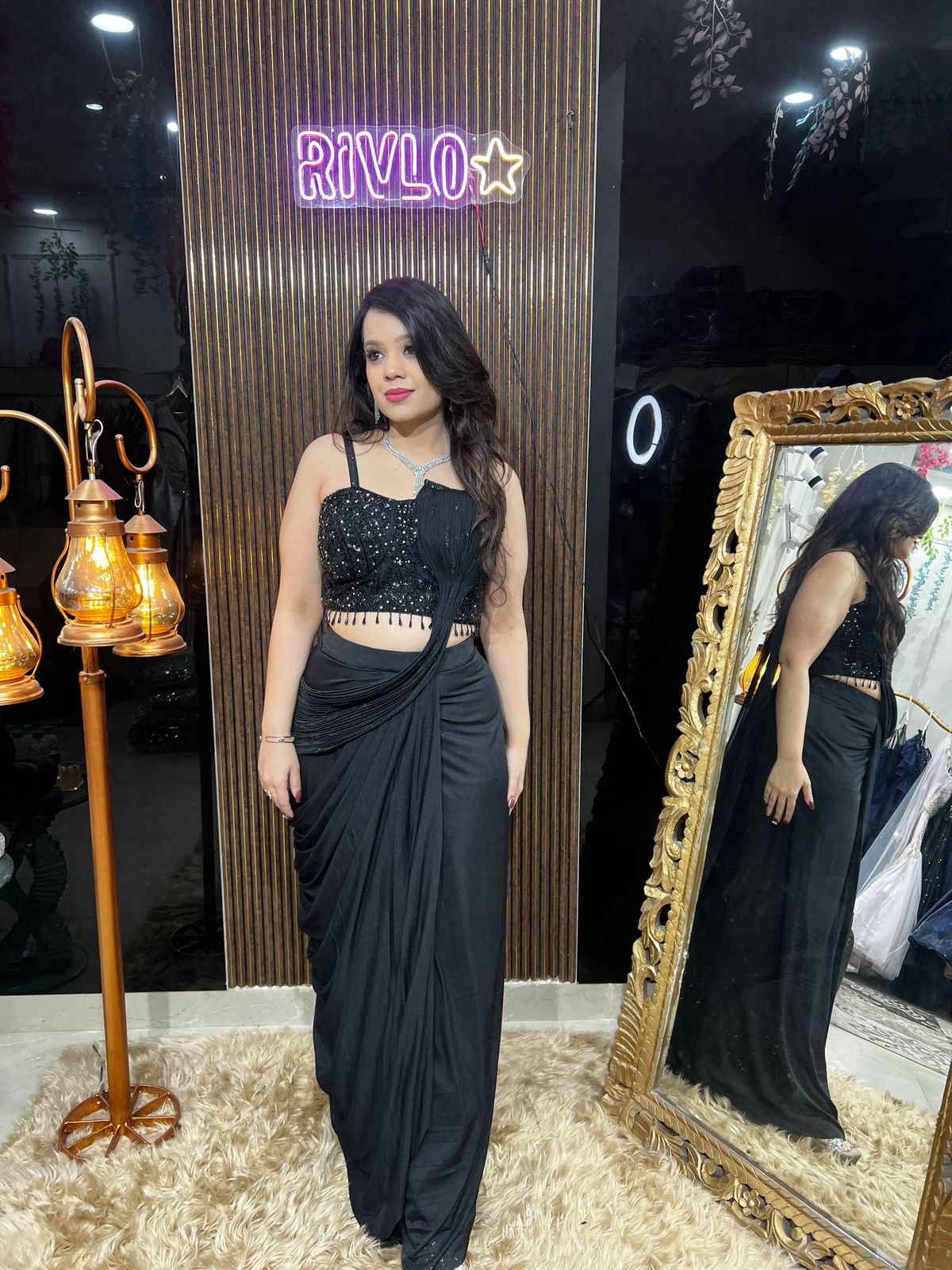 Black And Deep Navy Blue Pre-Draped Saree with Sequin Embellished Blouse AC55