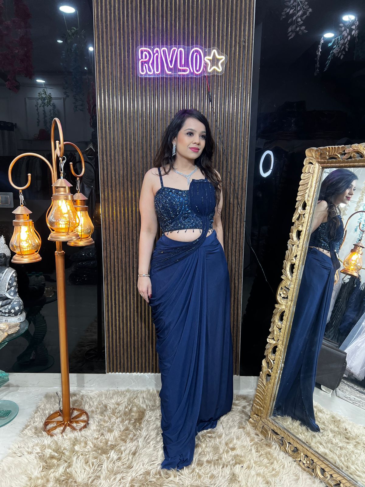 Black And Deep Navy Blue Pre-Draped Saree with Sequin Embellished Blouse AC55