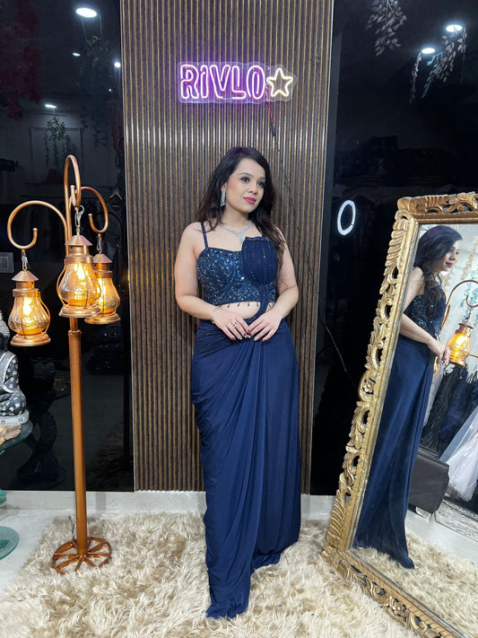 Black And Deep Navy Blue Pre-Draped Saree with Sequin Embellished Blouse AC55