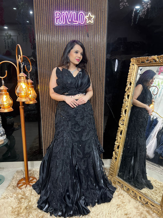 Midnight Black Embroidered Lehenga Set with Sculpted Blouse AC53