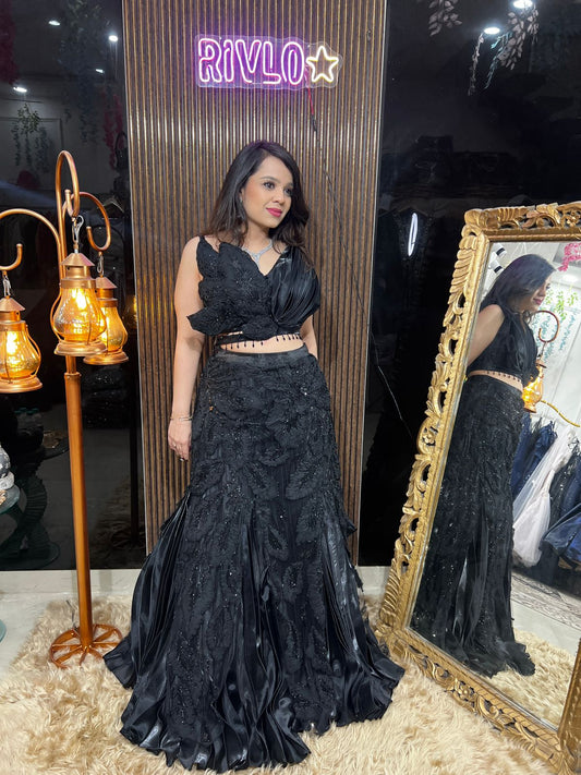 Midnight Black Embroidered Lehenga Set with Sculpted Blouse AC53
