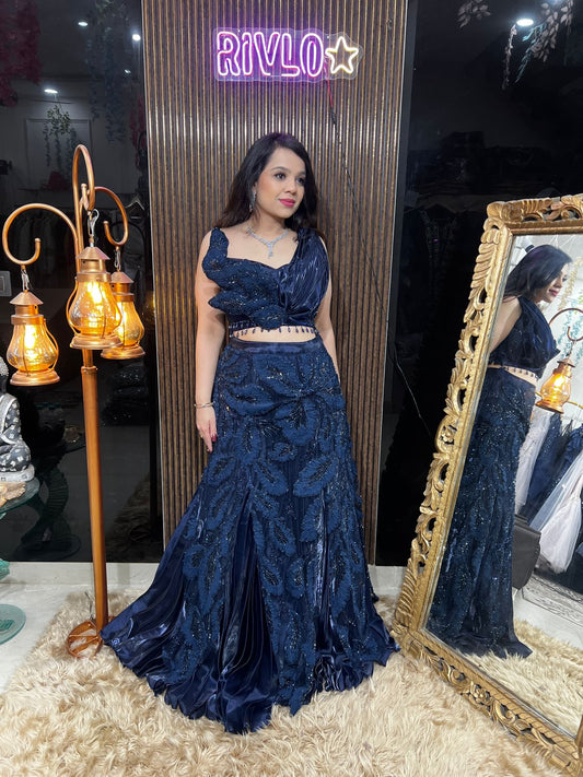 Midnight Blue Embroidered Lehenga Set with Sculpted Blouse AC52