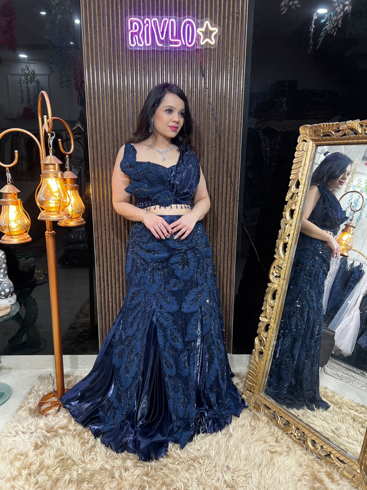 Midnight Blue Embroidered Lehenga Set with Sculpted Blouse AC52