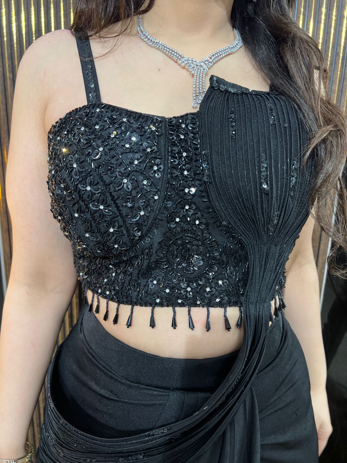 Black And Deep Navy Blue Pre-Draped Saree with Sequin Embellished Blouse AC55
