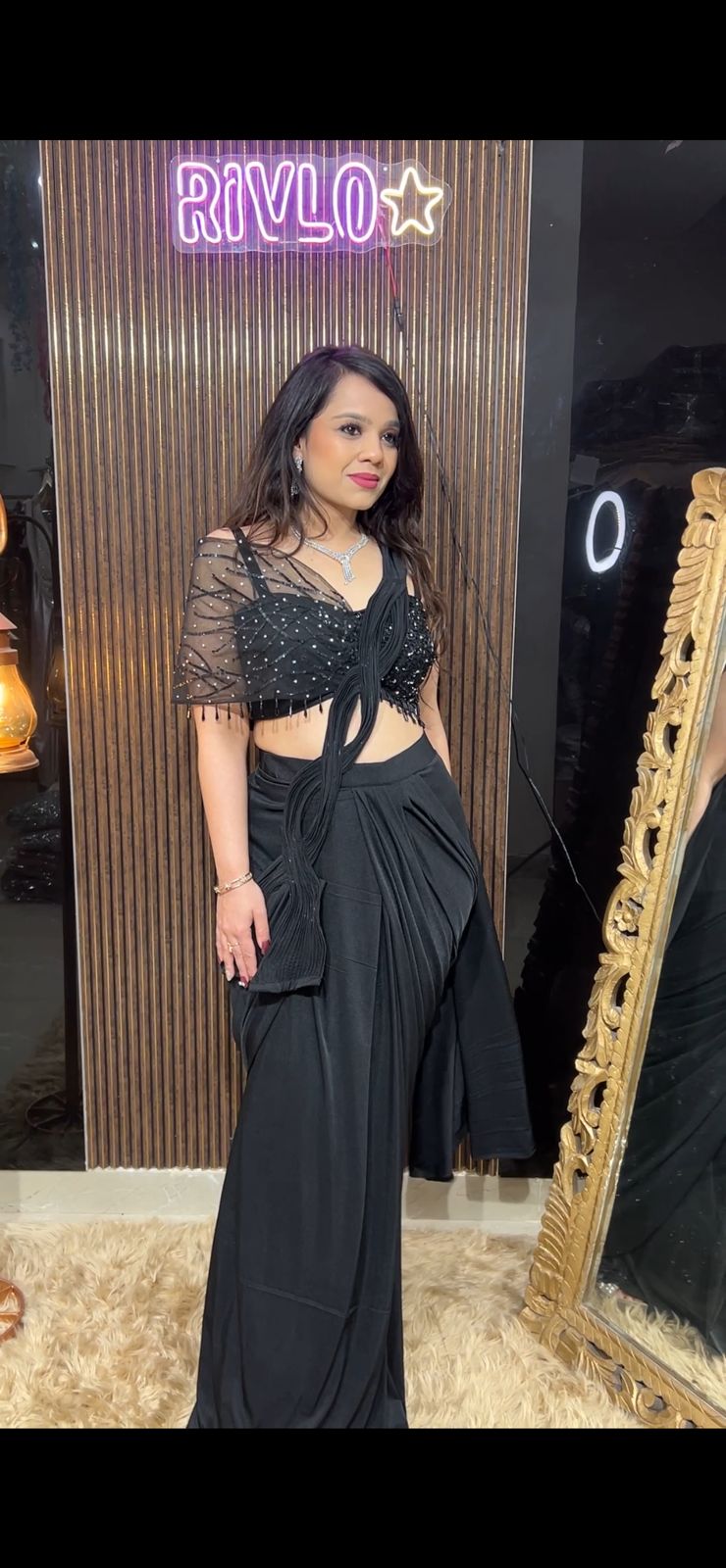 Navy Blue And Black Pre-Draped Saree with Embellished Cape Blouse AC54