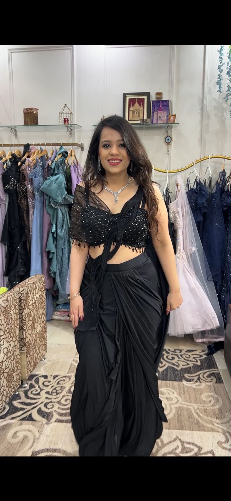 Navy Blue And Black Pre-Draped Saree with Embellished Cape Blouse AC54