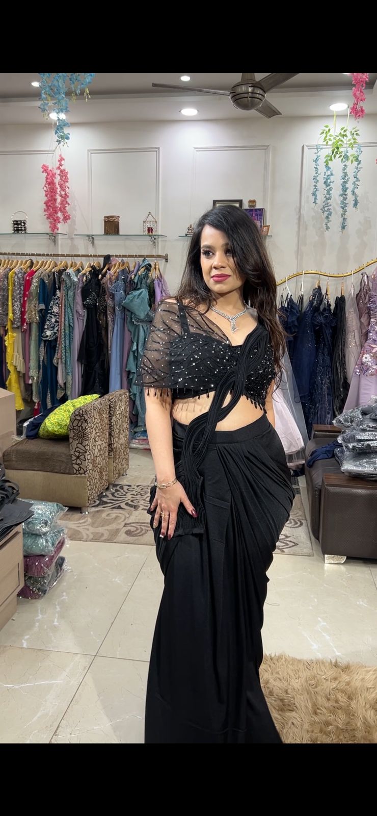 Navy Blue And Black Pre-Draped Saree with Embellished Cape Blouse AC54