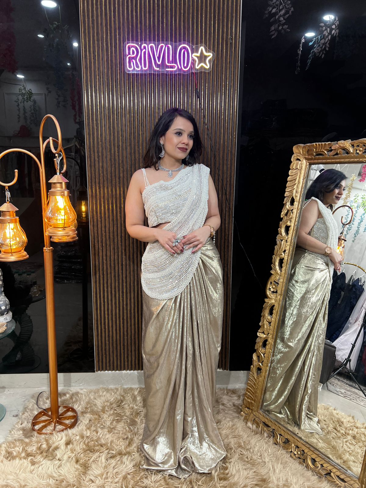 Pearl Golden-Embellished Indo-Western Draped Set AC62
