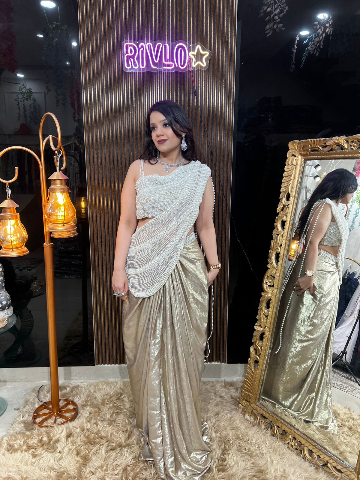 Pearl Golden-Embellished Indo-Western Draped Set AC62