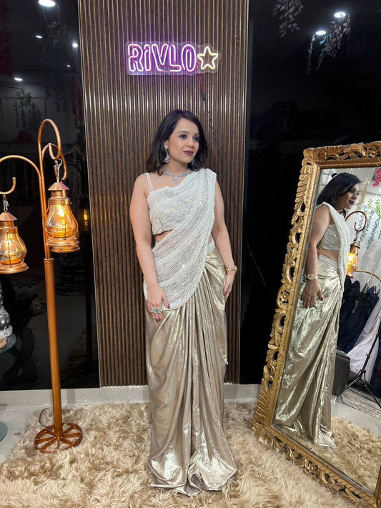 Pearl Golden-Embellished Indo-Western Draped Set AC62