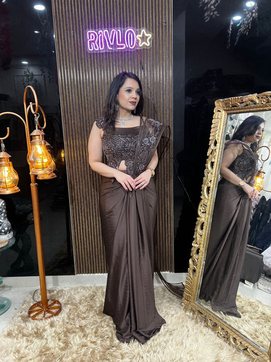 🤎✨ Mocha Brown Indo-Western Saree Set ✨🤎 AC63