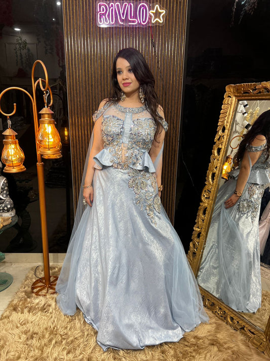 ❄️✨ Ice Blue Crystal Bloom Indo-Western Gown ✨❄️ AC67