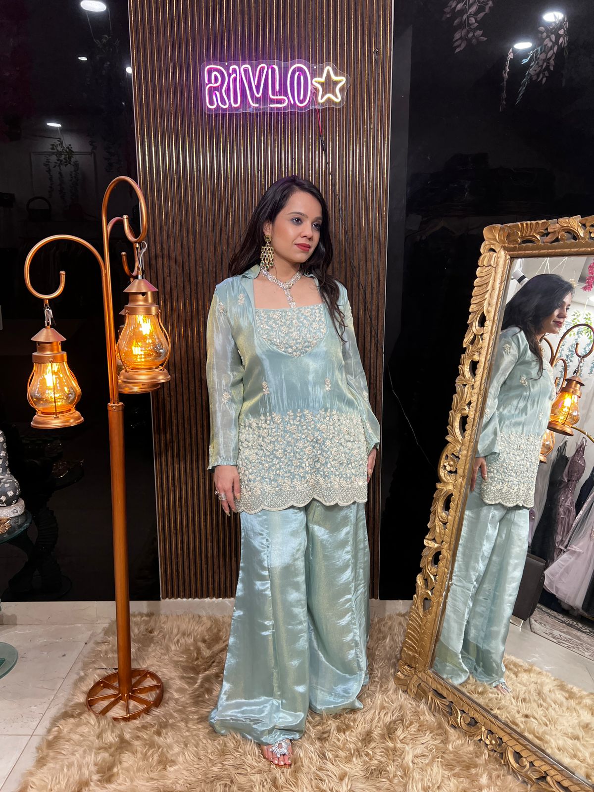 Blue 3 Piece Embroidered Kurta Set with Flowy Palazzo RC468
