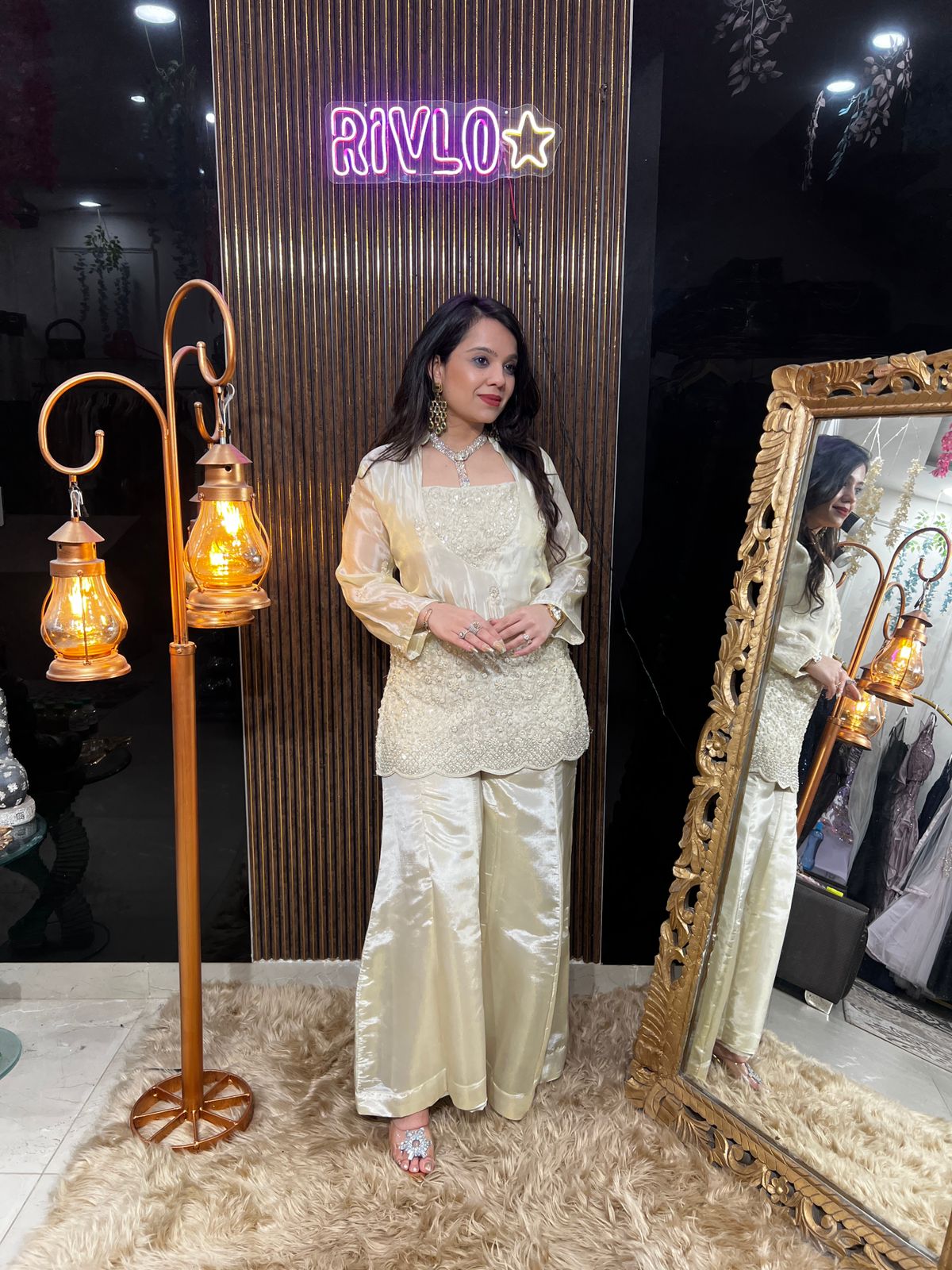 Ivory 3 Piece Embroidered Kurta Set with Flowy Palazzo RC489