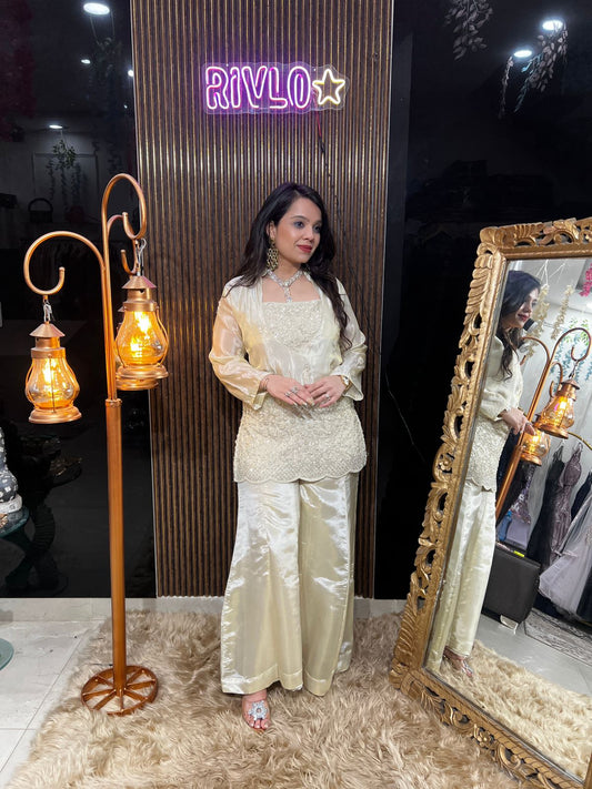 Ivory 3 Piece Embroidered Kurta Set with Flowy Palazzo RC489