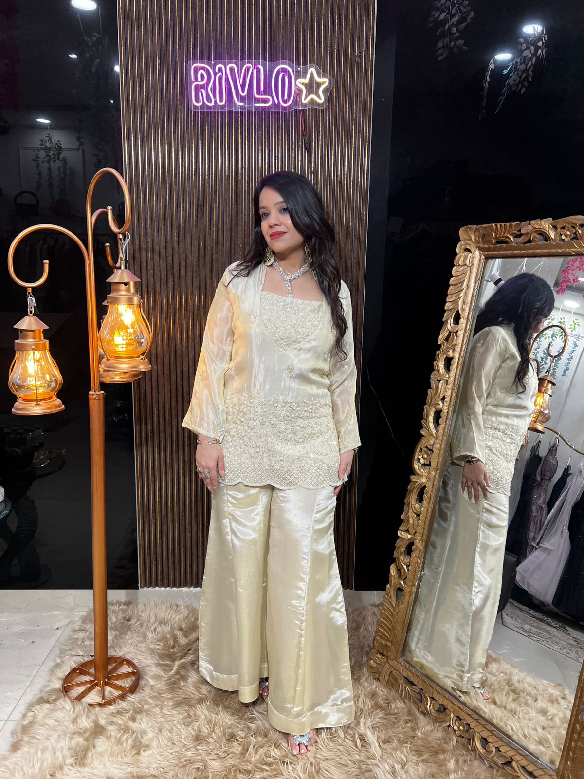 Ivory 3 Piece Embroidered Kurta Set with Flowy Palazzo RC489