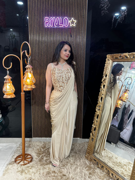 Beige And Teal Blue Draped Saree RC496