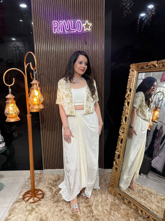 ✨ Ivory With Golden Work  Draped Indo-Western Set RC497