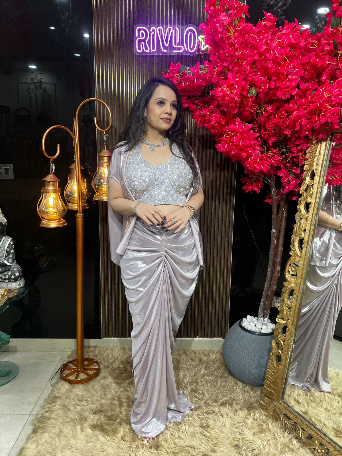 ✨ Moonlight Pink And Blue Drape Saree Set ✨ RC505