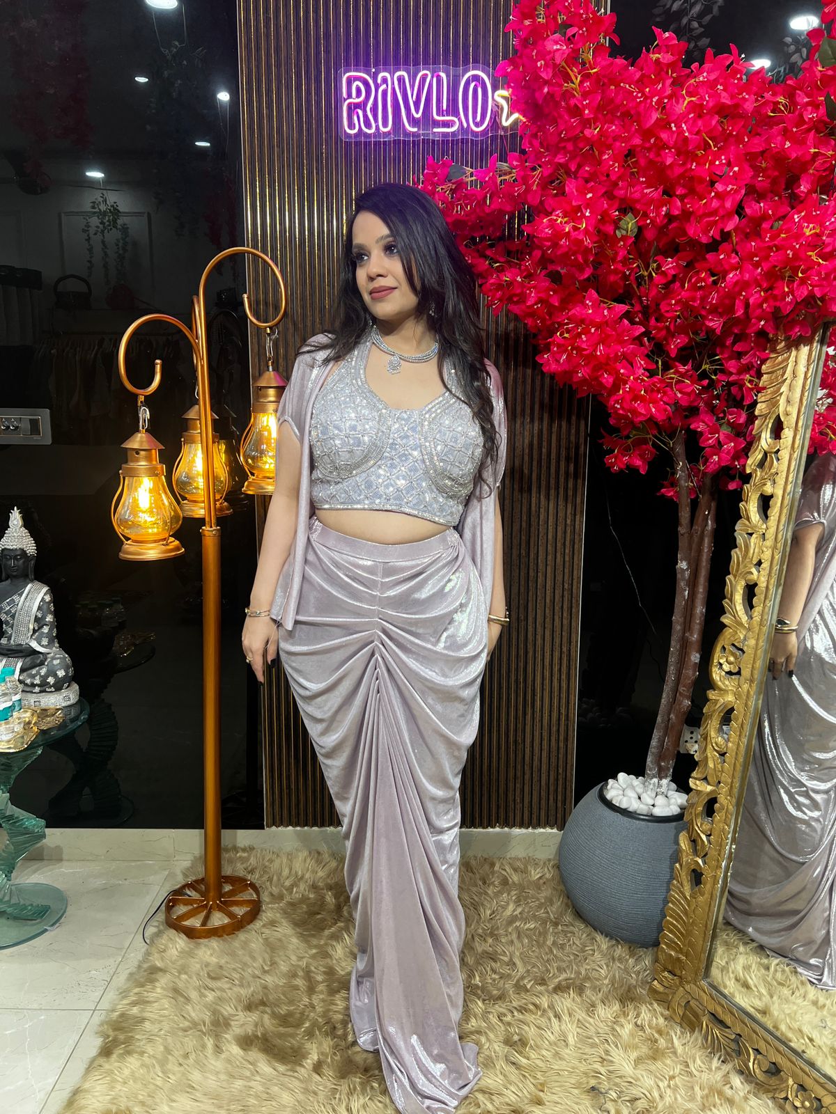✨ Moonlight Pink And Blue Drape Saree Set ✨ RC505