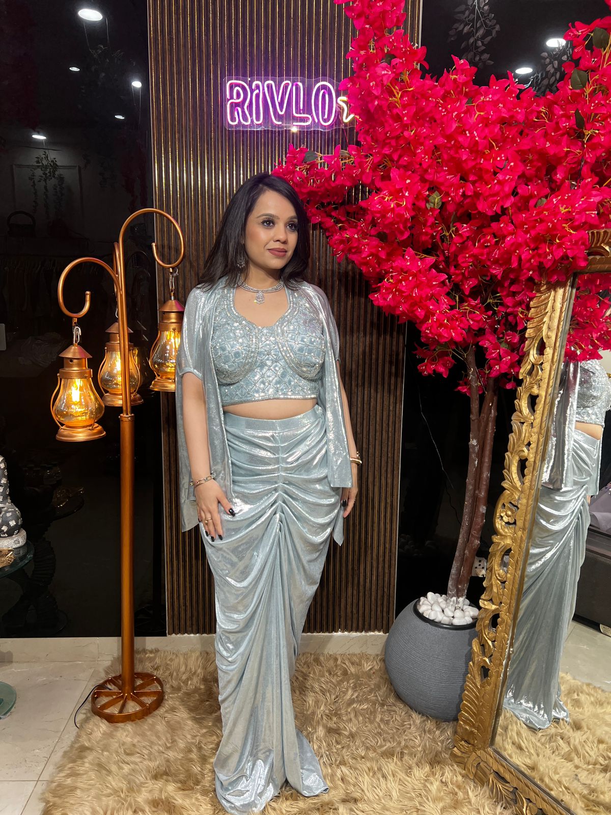✨ Moonlight Pink And Blue Drape Saree Set ✨ RC505