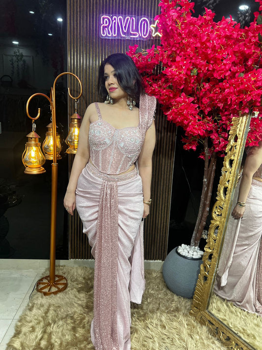 ✨ Baby Pink Drape Saree Set ✨ AC72