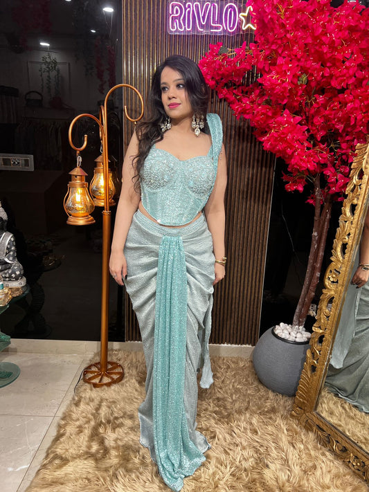 ✨ Light Rama Drape Saree Set ✨ AC71