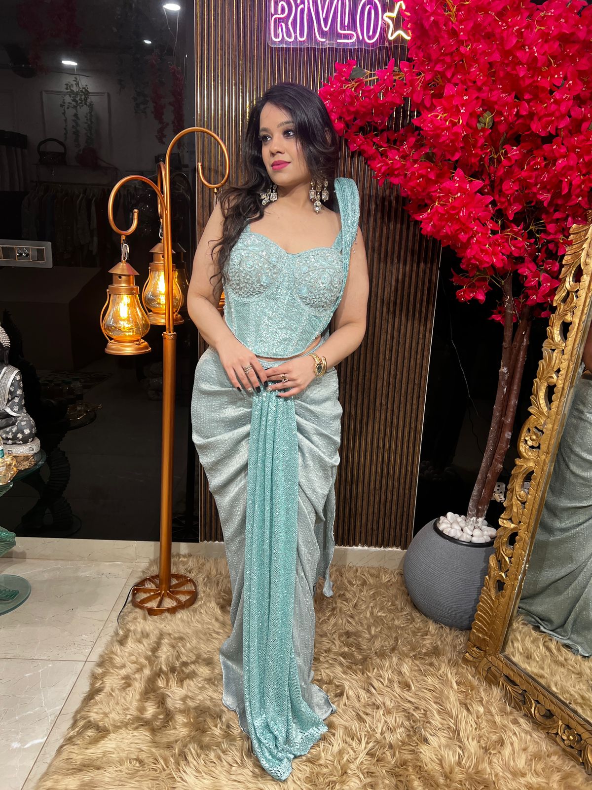 ✨ Light Rama Drape Saree Set ✨ AC71