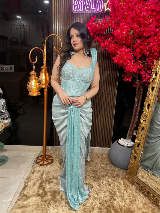 ✨ Light Rama Drape Saree Set ✨ AC71