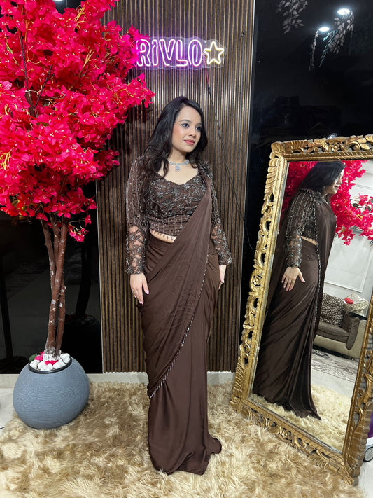 Chocolate Brown Embellished Drape Saree Set RC524