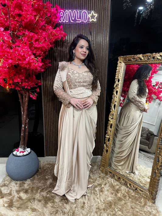 Beige Embellished Drape Saree Set RC526