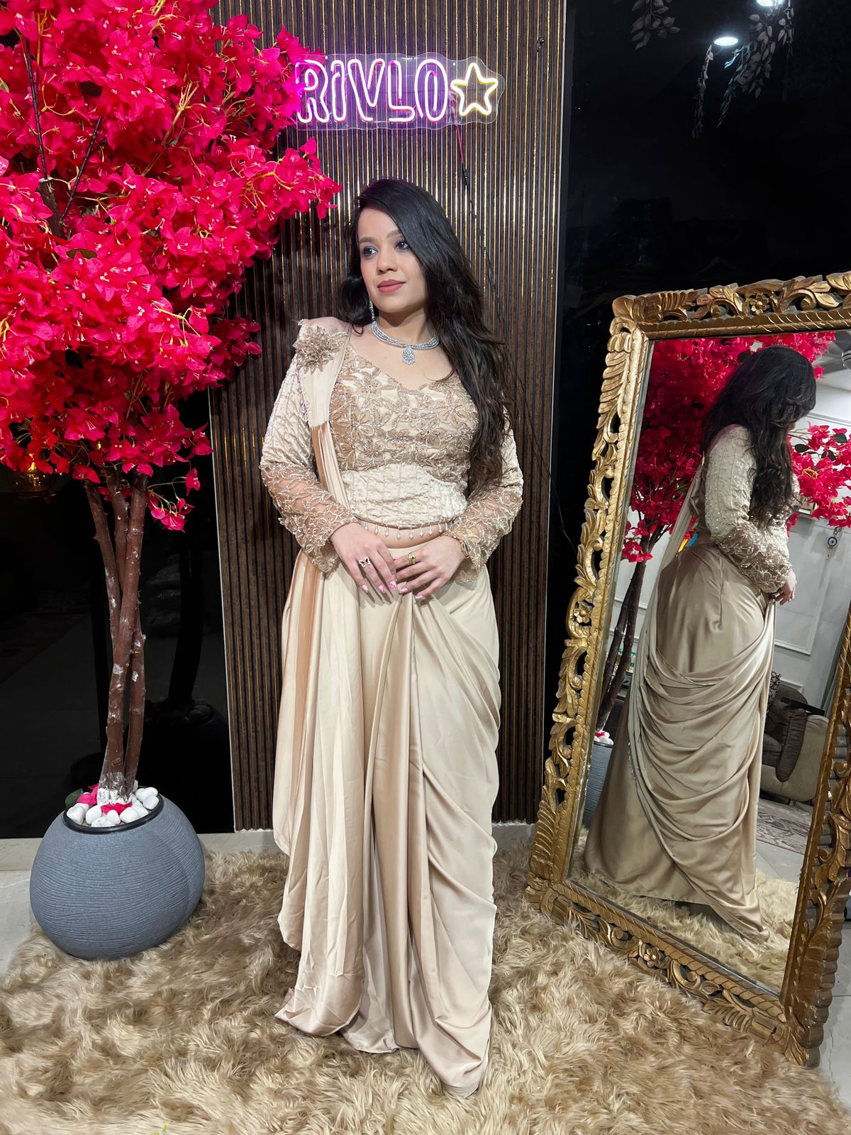 Beige Embellished Drape Saree Set RC526