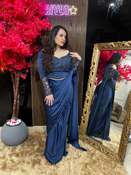 Blue Embellished Drape Saree Set RC525