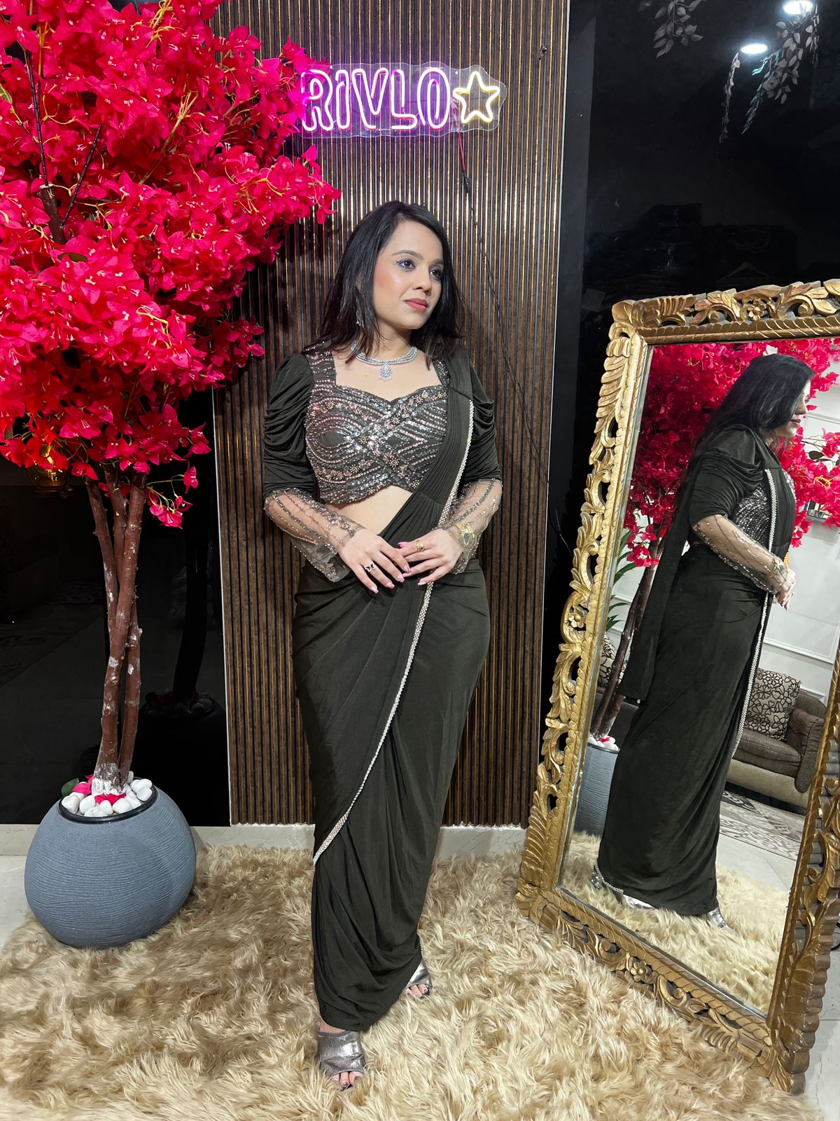 Olive Drape Saree With Sleeves RC523
