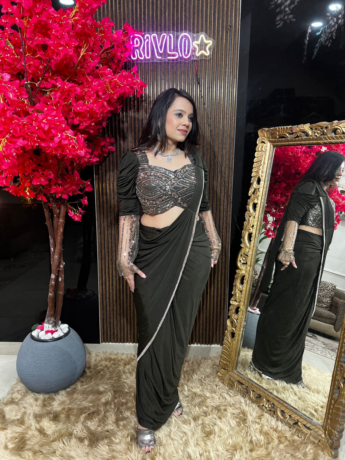 Olive Drape Saree With Sleeves RC523
