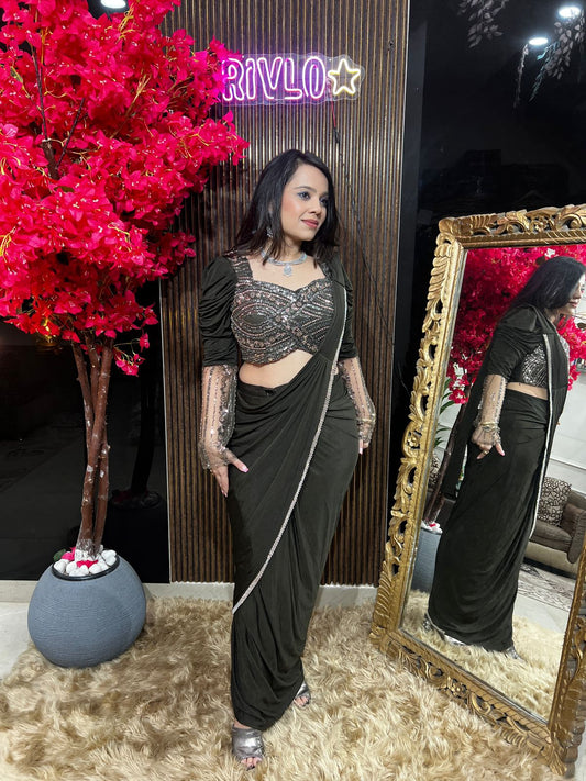 Olive Drape Saree With Sleeves RC523