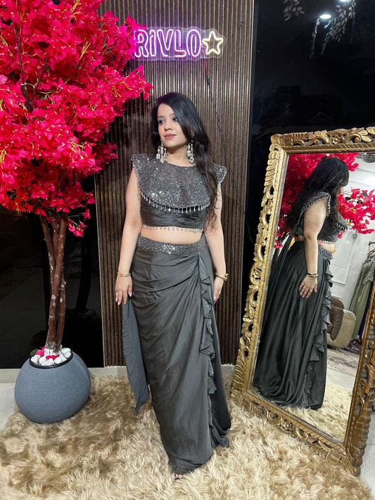 Steel Grey And Navy Embellished Drape Saree Set RC529