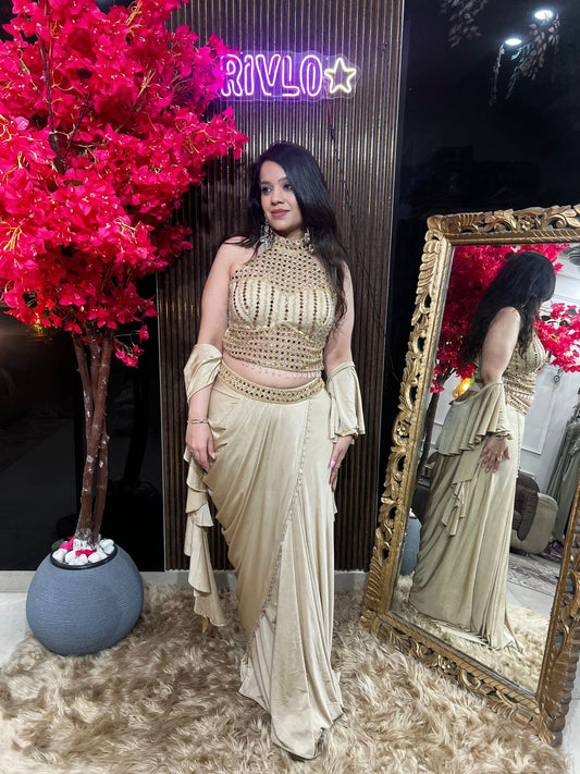 Champagne And Grey Embellished Halter Drape Set RC531