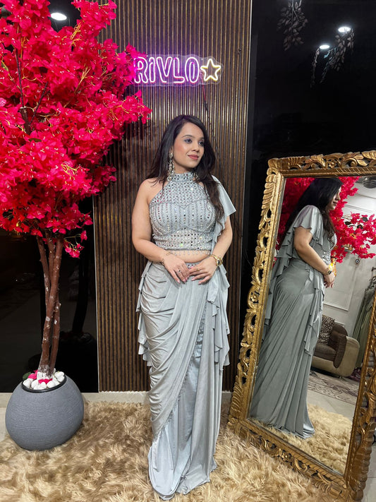 Champagne And Grey Embellished Halter Drape Set RC531