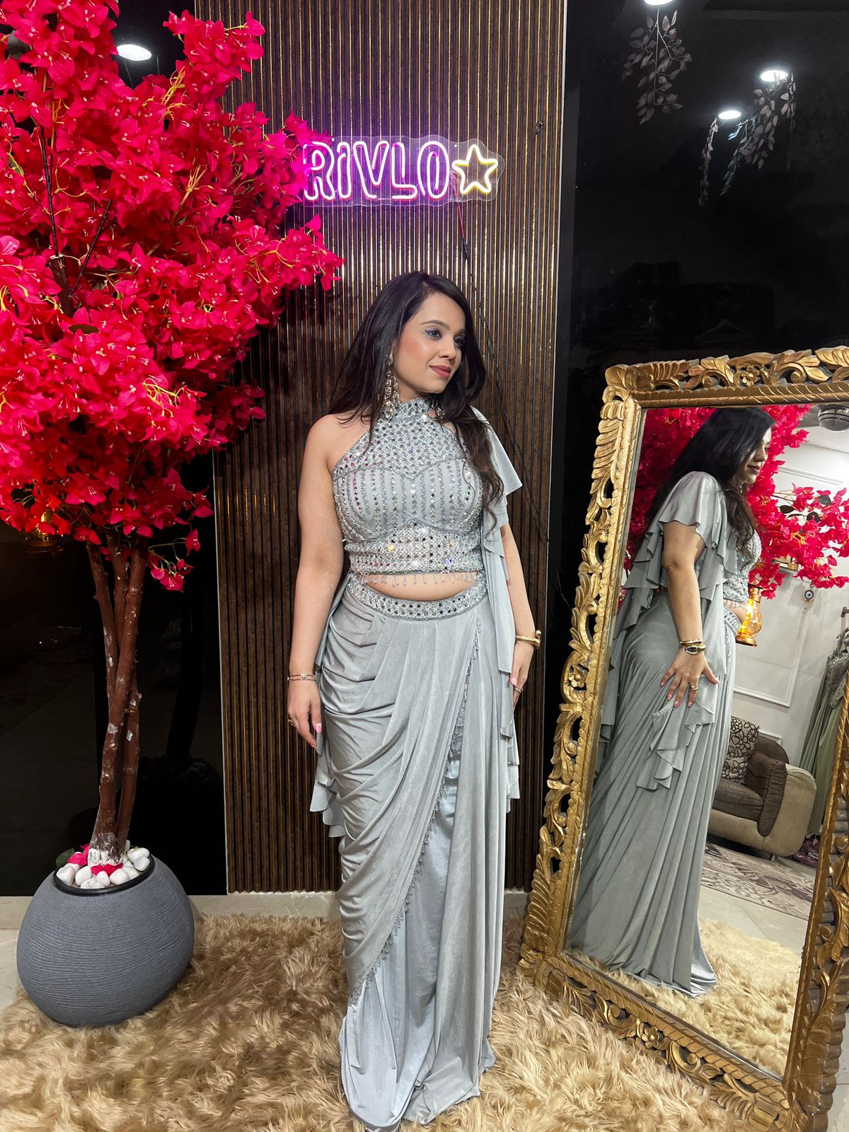 Black,Champagne And Grey Embellished Halter Drape Set RC531