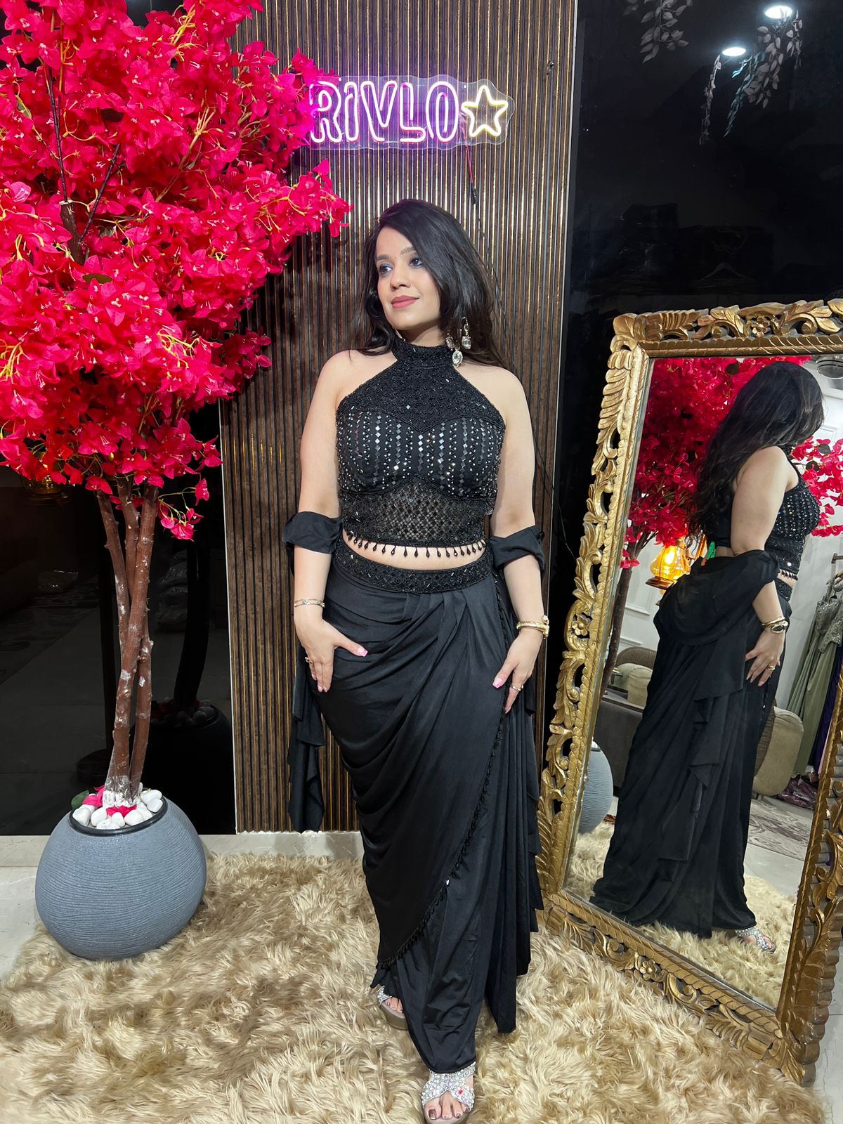 Cocoa and Black Embellished Halter Drape Set RC532